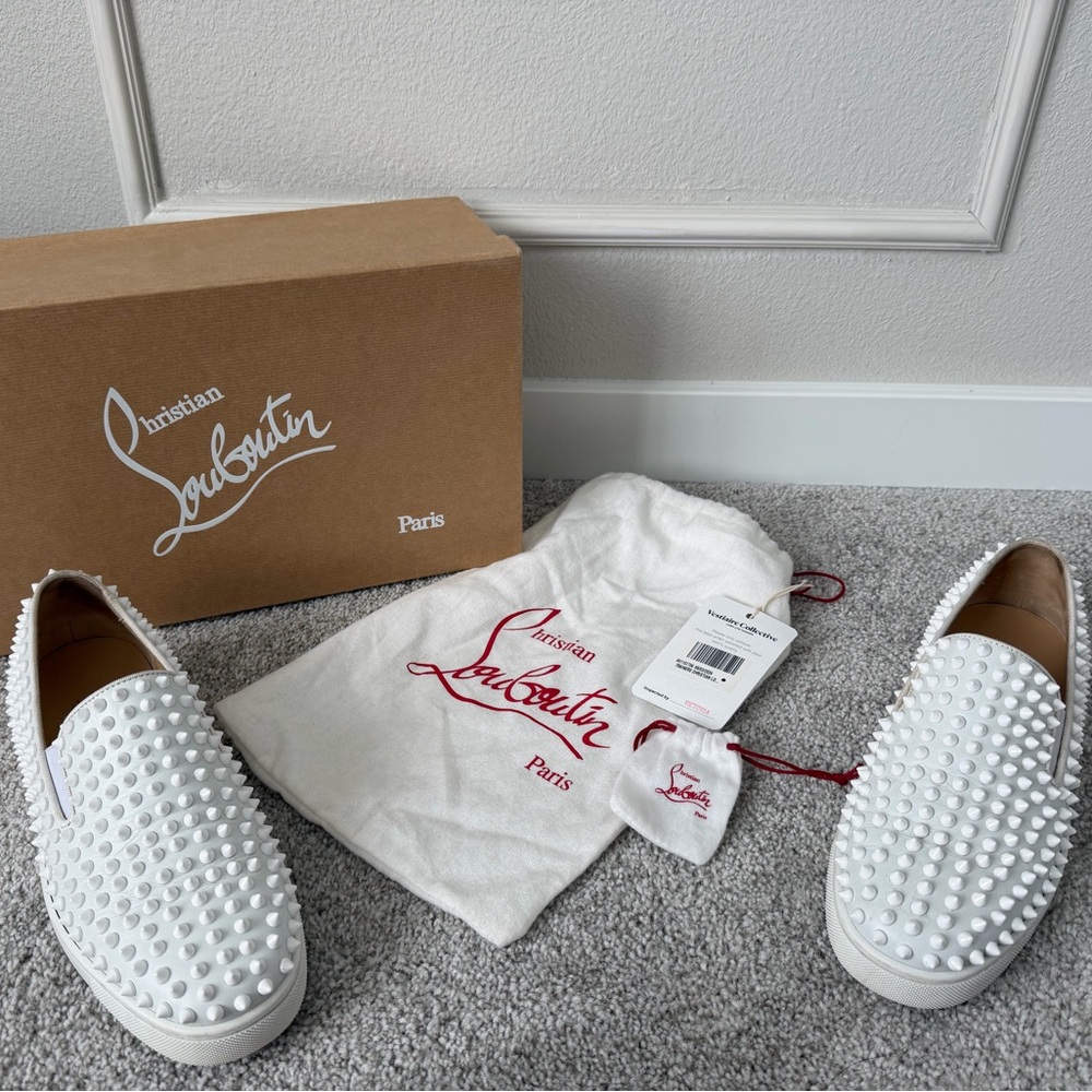 Christian Louboutin White Studded Slip-Ons